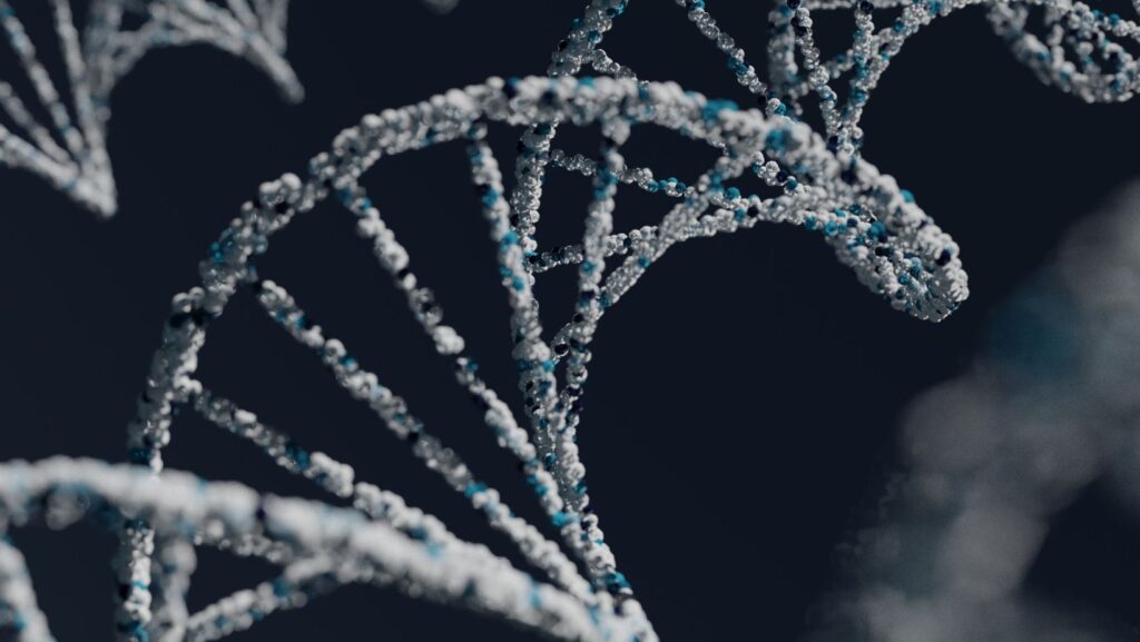 mage macroscopique d'une molécule d'ADN avec des détails mettant en évidence la structure en double hélice et les paires de bases. Titre: L'Essence de la Vie: Structure en Double Hélice de l'AD