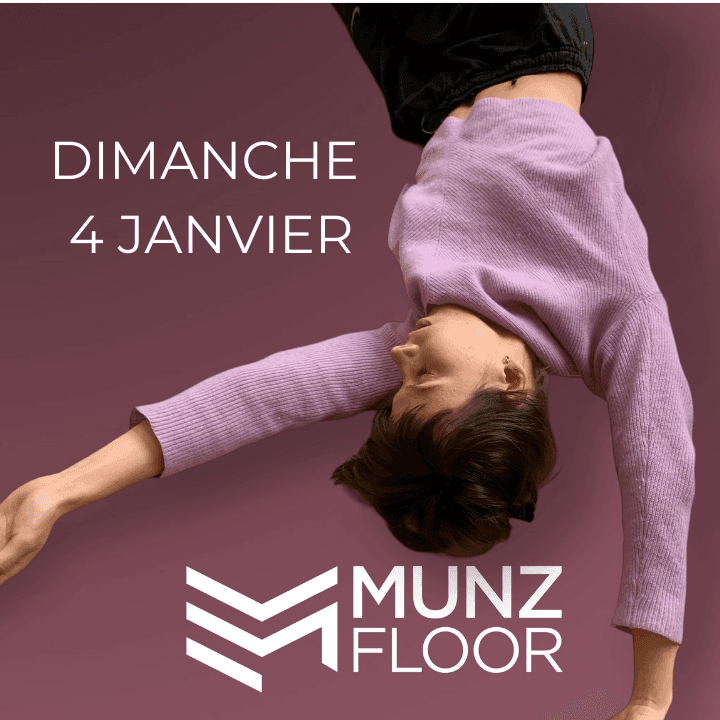 Image d'une personne effectuant un mouvement fluide de MUNZFLOOR avec un pull violet, accompagnée des informations du cours en ligne Gratuit : Dimanche à 11:00, coach certifié Nicolas Luc Levé