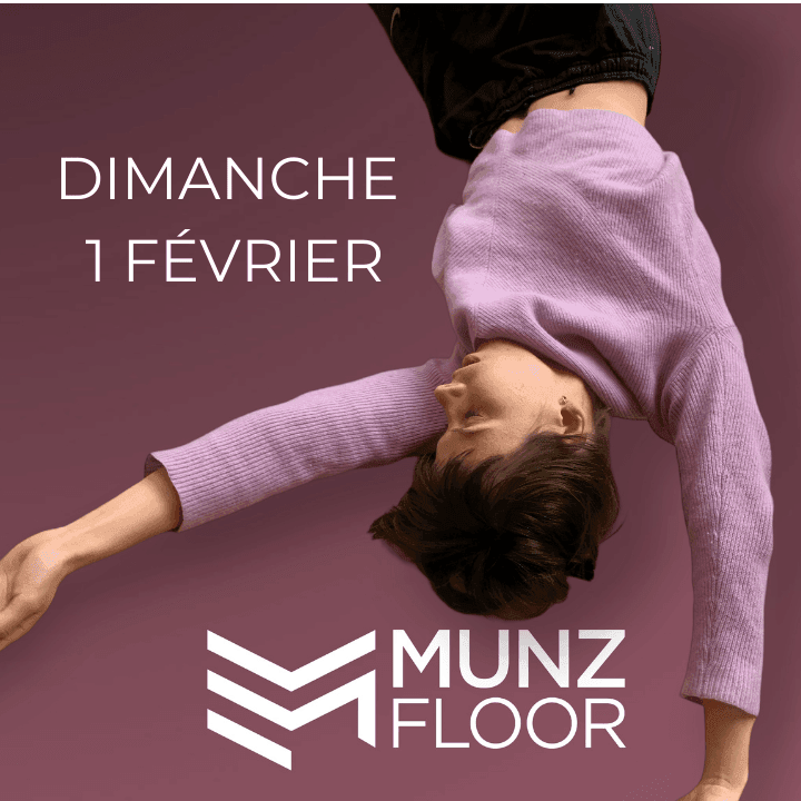 Image d'une personne effectuant un mouvement fluide de MUNZFLOOR avec un pull violet, accompagnée des informations du cours en ligne Gratuit : Dimanche à 11:00, coach certifié Nicolas Luc Levé