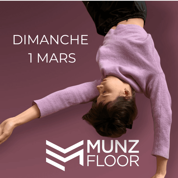 Image d'une personne effectuant un mouvement fluide de MUNZFLOOR avec un pull violet, accompagnée des informations du cours en ligne Gratuit : Dimanche à 11:00, coach certifié Nicolas Luc Levé