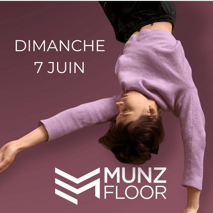 Image d'une personne effectuant un mouvement fluide de MUNZFLOOR avec un pull violet, accompagnée des informations du cours en ligne Gratuit : Dimanche à 11:00, coach certifié Nicolas Luc Levé