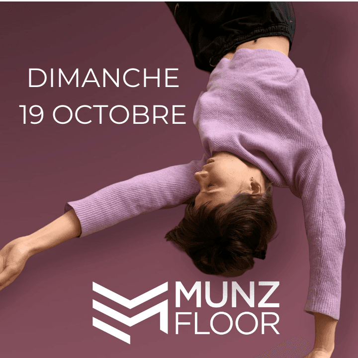 Image d'une personne effectuant un mouvement fluide de MUNZFLOOR avec un pull violet, accompagnée des informations du cours en ligne Gratuit : Dimanche à 11:00, coach certifié Nicolas Luc Levé