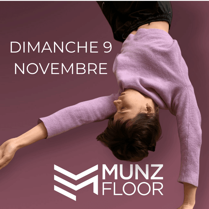 Image d'une personne effectuant un mouvement fluide de MUNZFLOOR avec un pull violet, accompagnée des informations du cours en ligne Gratuit : Dimanche à 11:00, coach certifié Nicolas Luc Levé