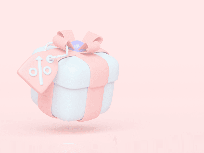 Cadeau avec noeud et étiquette pourcentage.