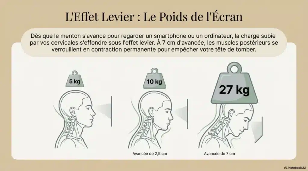 effet levier ecran posture cervicales 5kg 10kg 27kg
